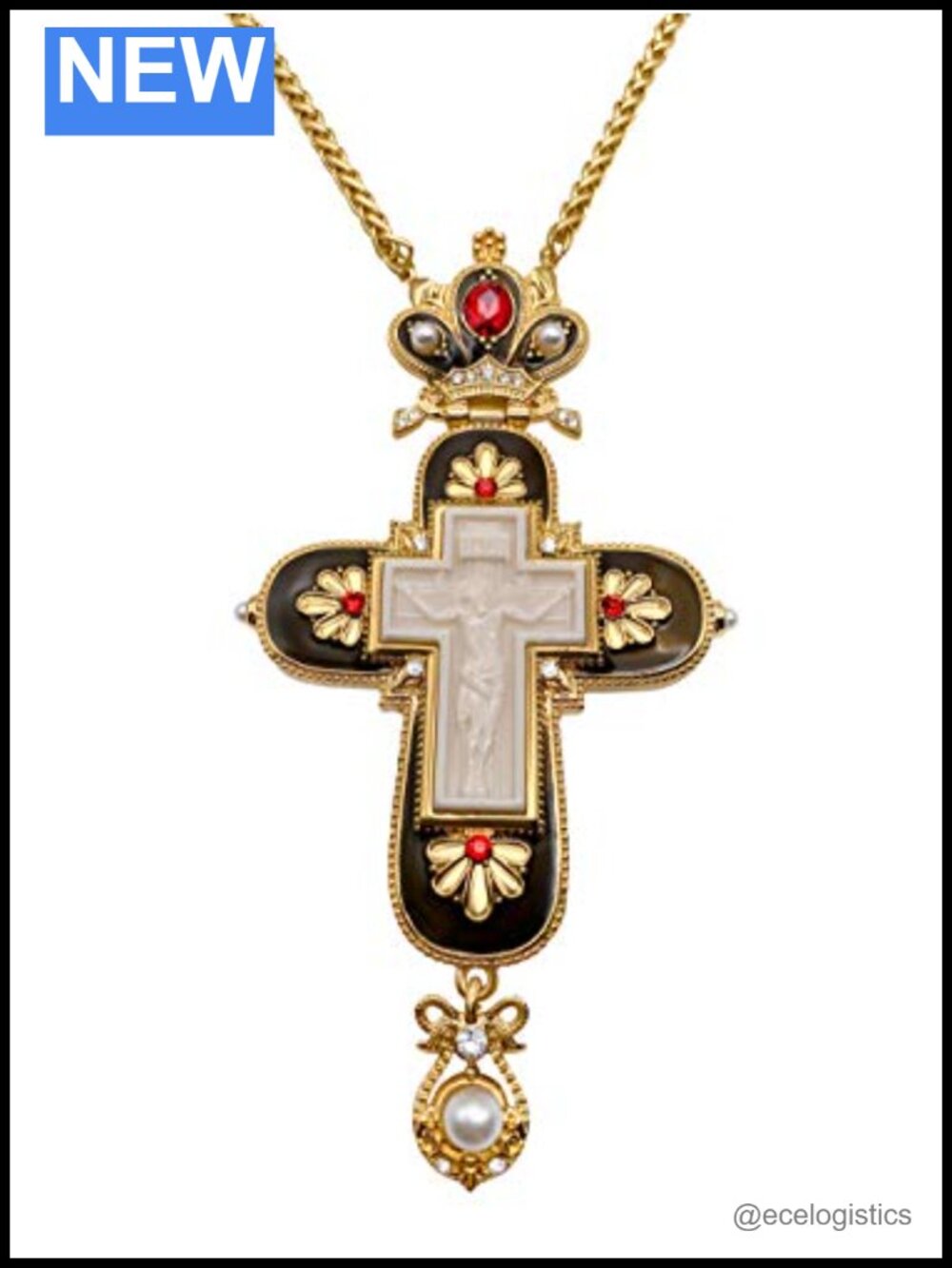 18k Gold Plated Pectoral Cross Necklace 24" Chain Religious Pendant